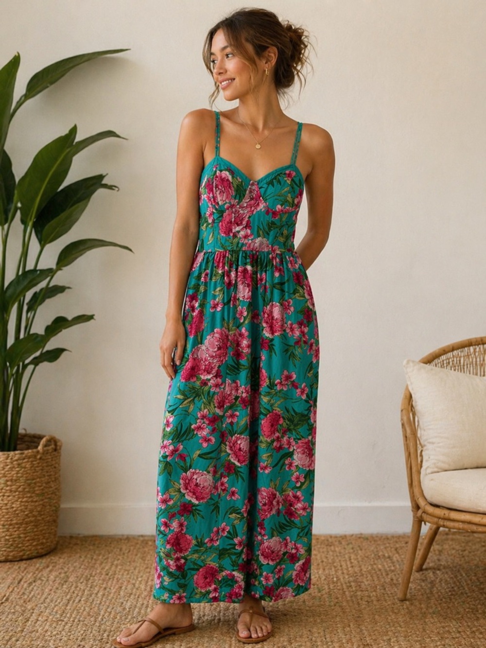 Turquoise and Pink Tropical Floral Maxi Sundress Size Medium